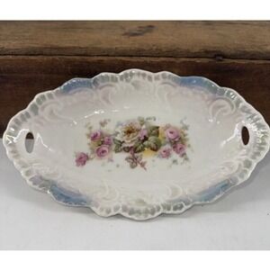 Trinket Tray Porcelain Bavaria Germany Oval Vintage w/Handles Foral Design‎